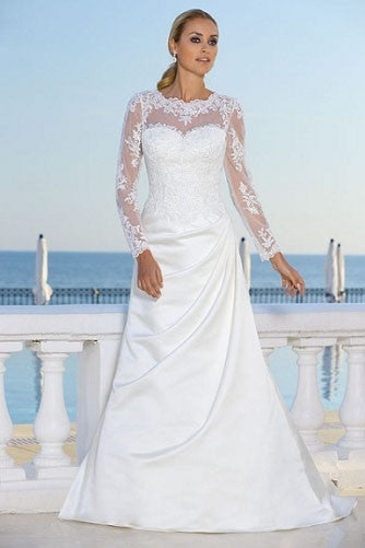 A-Line Long-Sleeve Scoop-Neck Maxi Draped Satin Wedding Dress With Appliques And Illusion