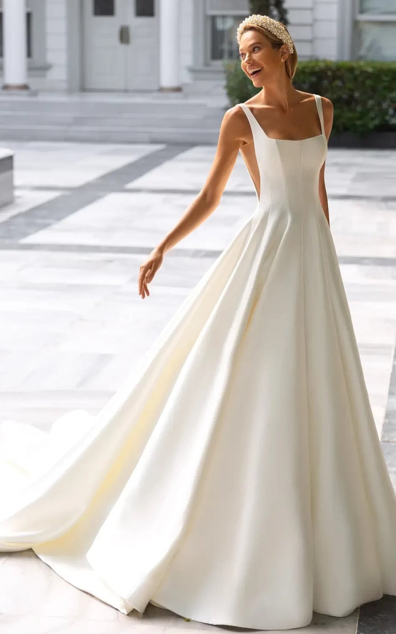 Elegant A Line Square Neck Satin Court Train Wedding Dress