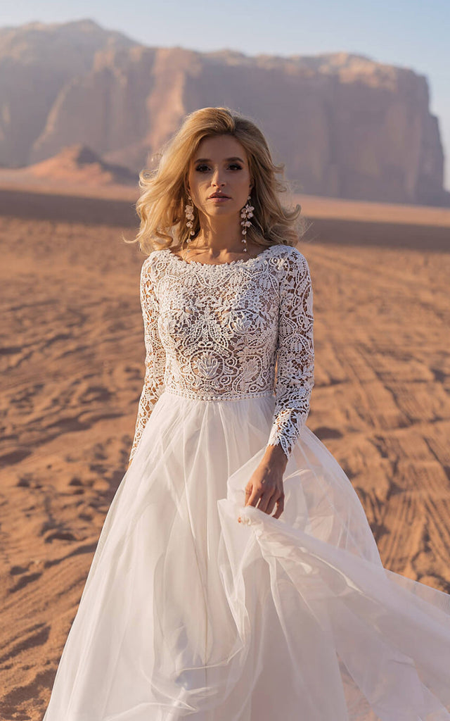 Illusion Back Chiffon Beach Wedding Dress with A-Line and Bateau Neckl DorrisDress Illusion Back Chiffon Beach Wedding Dress with A-Line and Bateau Neckl DorrisDress