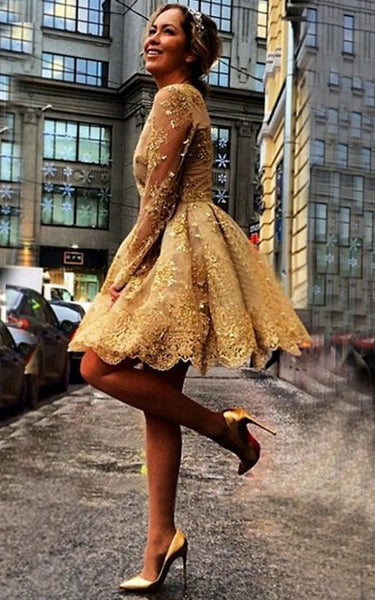 Vintage Gold Sequins Lace A-Line Short Dresses