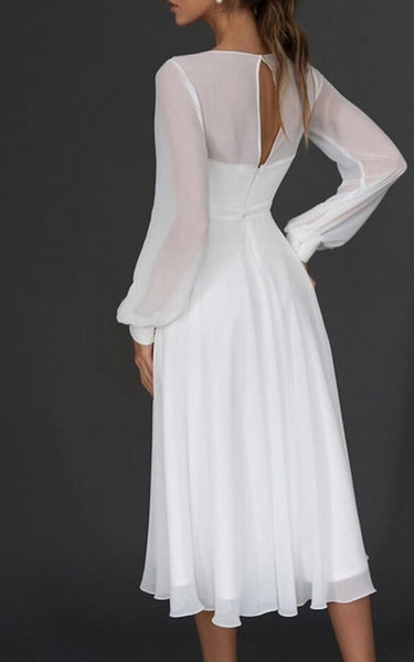 A-Line V-neck Chiffon Wedding Dress Simple Sexy Elegant Romantic Beach Summer With Keyhole Back And Poet Long Sleeves 