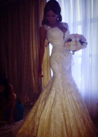 Stunning Straps Lace Mermaid Wedding Dresses Beadings Sequins