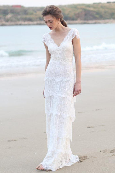 Plunged Sheath Cap-Sleeve Tired Boho Style Wedding Dress And Deep-V Back