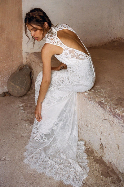 Boho Sheath Sleeveless Lace High Neck Wedding Dress with Keyhole Back