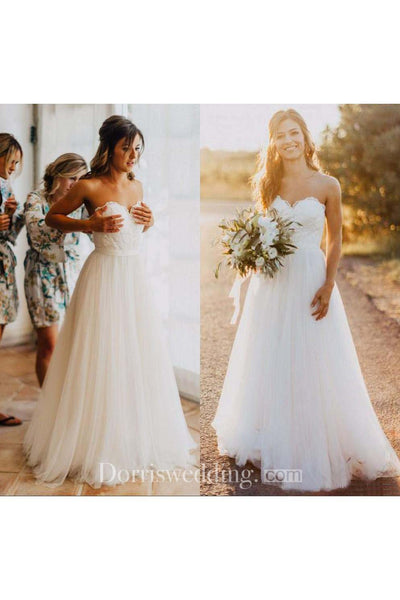 Sexy Sweetheart Lace Appliques Beads Backless Tulle Beach Bahamian Wedding Dress