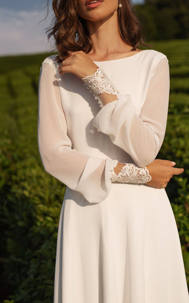 Chiffon Floor-length Court Train A Line Long Sleeve Sexy Wedding Dress with Lace