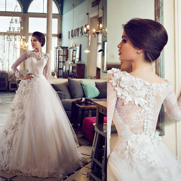Elegant Bateau Long Sleeve Tulle Wedding Dress With Flowers Lace