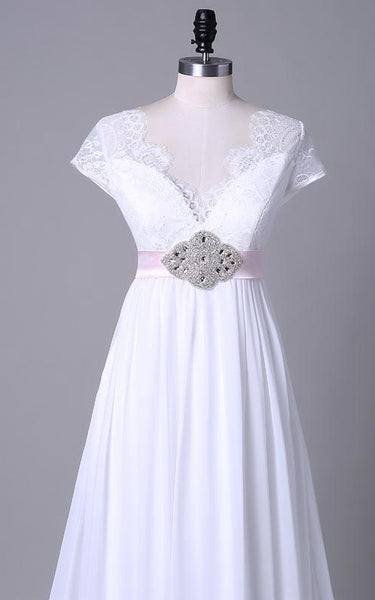V-Neckline Lace Satin Off-The-Shoulder Tea-Length Sequined Chiffon Dress