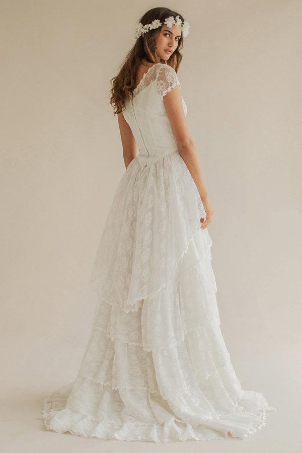 Boho Scoop Neck Cap Sleeve A-Line Tiered Weding Dress With Court Train DorrisDress Boho Scoop Neck Cap Sleeve A-Line Tiered Weding Dress With Court Train DorrisDress