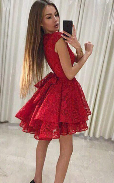 Lace A Line Zipper Cap Short Sleeve with Bows and Tiers Homecoming Dress