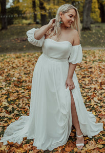 Simple A Line Chiffon Off-the-shoulder Pull Wedding Dress with Bow