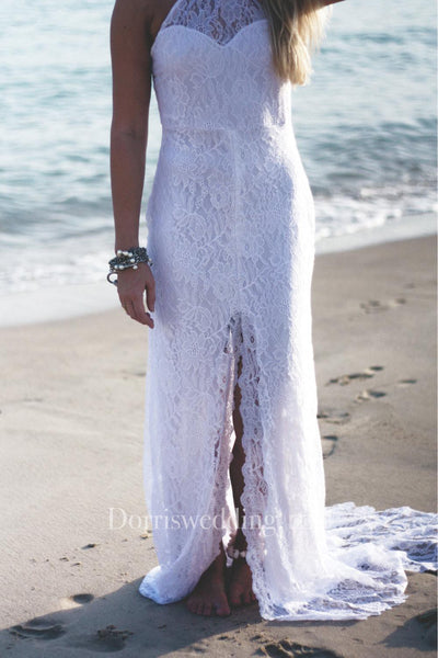 High Neck Sleeveless Lace Split Front Dress With Sweep Train