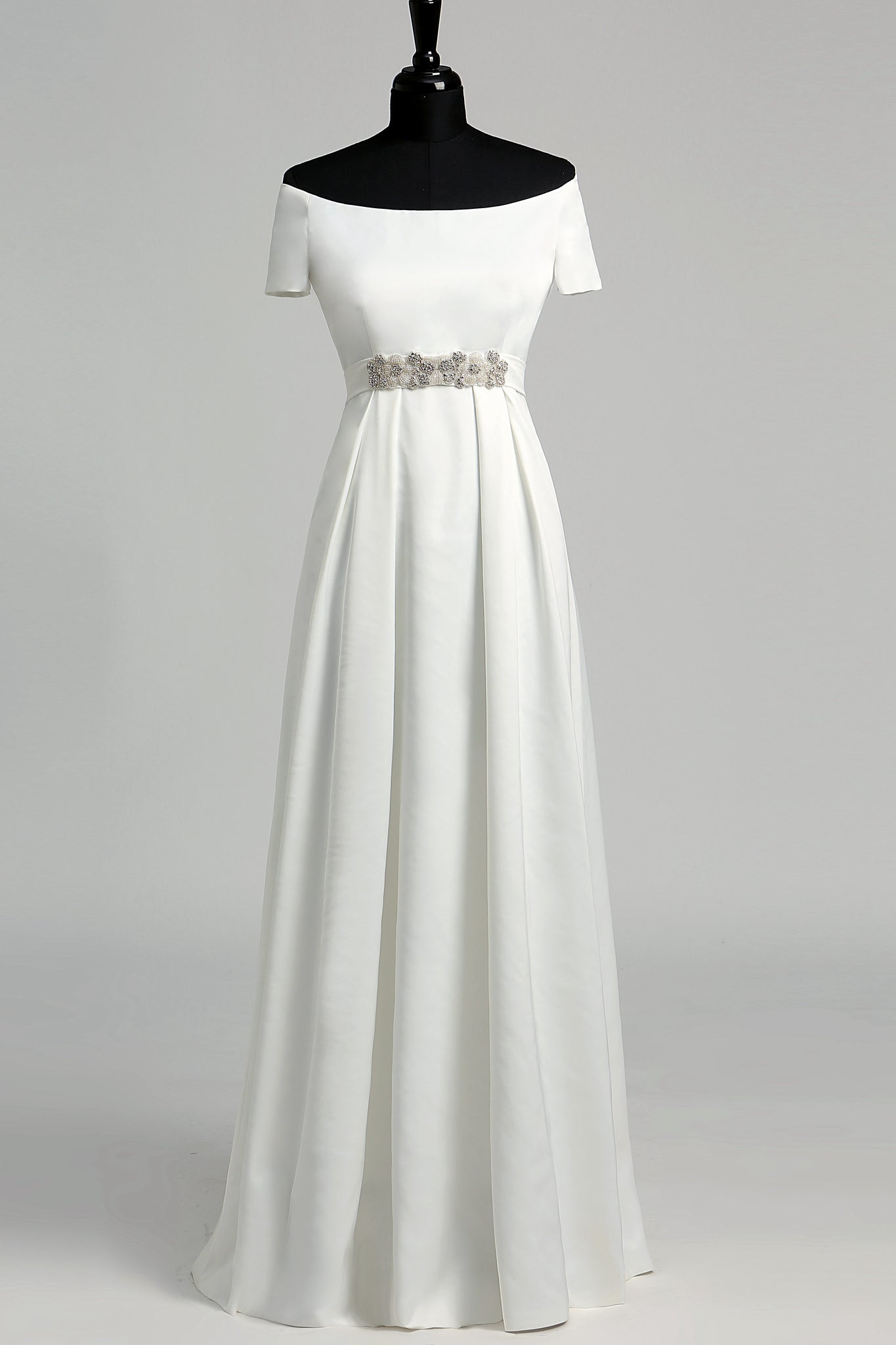 Off-the-shoulder Short Sleeve Empire Beading Pleats Wedding Dress