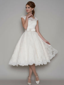 Bateau A-line Tea-length Lace Wedding Dress With Illusion back