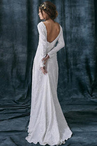 Jewel-Neck Sheath Floor-Length Dress With Appliques And Deep-V Back