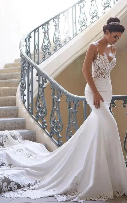 Bohemian Mermaid Lace V-neck Satin Spaghetti Garden Wedding Dress Simp – DorrisDress