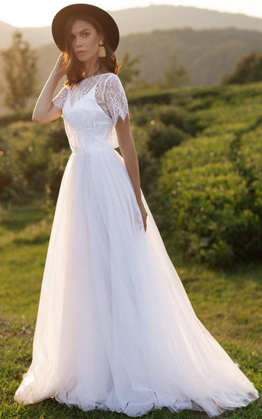 Lace Tulle Floor-length Sweep Train A Line Short Sleeve Elegant Wedding Dress