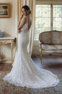 Plunging V-neck Sexy Mermaid Sleeveless Lace Court Train Bridal Gown With Deep V-back