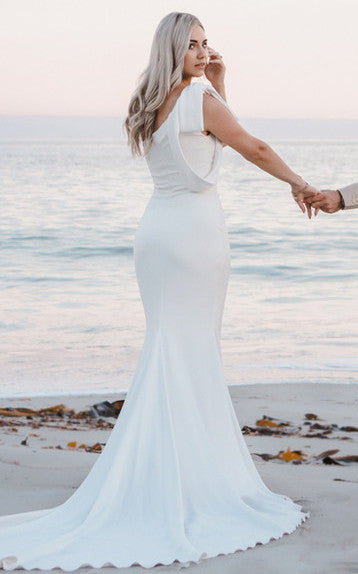 Greek Mermaid One-shoulder Satin Wedding Dress With Open Back And Bow- DorrisDress Greek Mermaid One-shoulder Satin Wedding Dress With Open Back And Bow- DorrisDress
