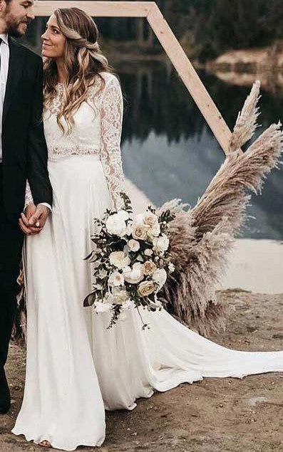 Country Boho Two Piece Chiffon Lace Bateau Long Sleeve Wedding Dress w – DorrisDress