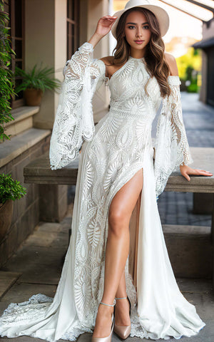 Modest Elegant Beach A-Line Boho Lace Jewel Neck Bell Sleeve Wedding Dress with Split Front