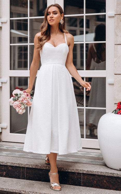 Satin Tea-length A Line Sleeveless Simple Wedding Dress with Ruffles