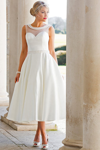 A-Line Tea-Length Sleeveless Jeweled Scoop Neck Satin Wedding Dress