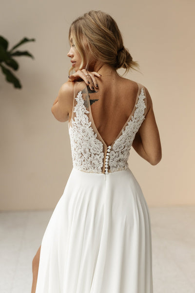 Chiffon A-Line Bohemian V-neck Wedding Dress With Low-V Back And Split Front