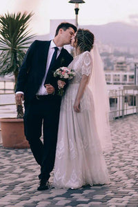High Neck Half Sleeve Lace Chiffon Wedding Dress With Illusion – DorrisDress