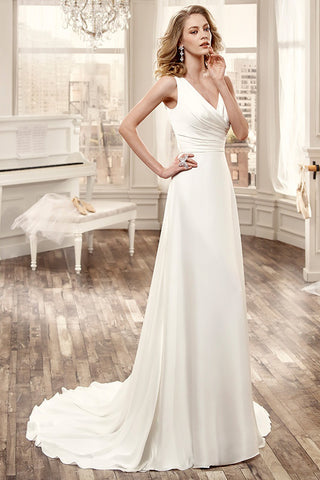 Cap-Sleeve Low-V Neckline Satin Wedding Dress With Brush Train