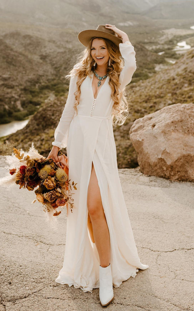 A-Line V-neck Chiffon Bohemian Wedding Dress With Long Sleeve And Butt DorrisDress A-Line V-neck Chiffon Bohemian Wedding Dress With Long Sleeve And Butt DorrisDress