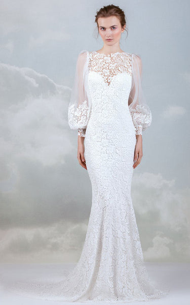Modern Lace Bateau Long Sleeve Wedding Dress With Low-V Back