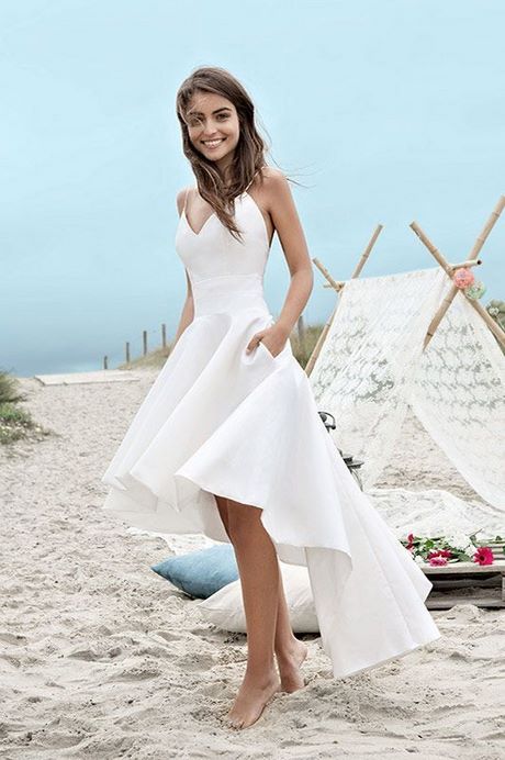 Simple High-low Beach Wedding Dress With Spaghetti Straps And Ruching