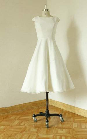 Jewel Cap Sleeve Zipper Back Tea-Length Satin Wedding Dress