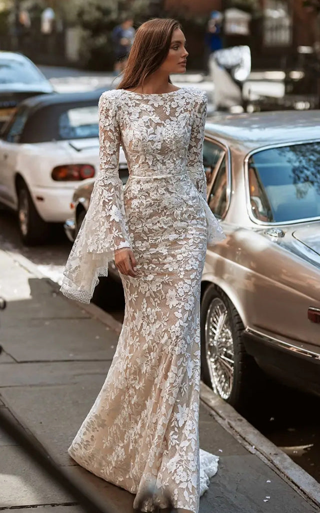 Floral Elegant Mermaid Long Bell Sleeve Bohemian Wedding Dress Bateau DorrisDress Floral Elegant Mermaid Long Bell Sleeve Bohemian Wedding Dress Bateau DorrisDress