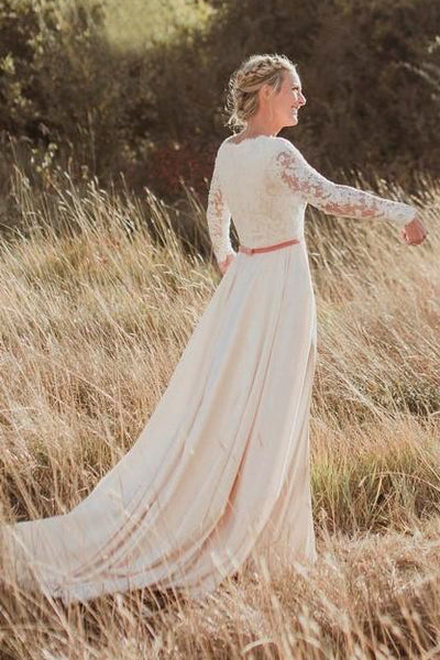 Country Modest Long Sleeve A-Line Scalloped Lace And Satin Wedding Gown