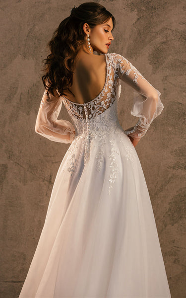 Romantic A Line V-neck Tulle Sweep Train Wedding Dress with Appliques