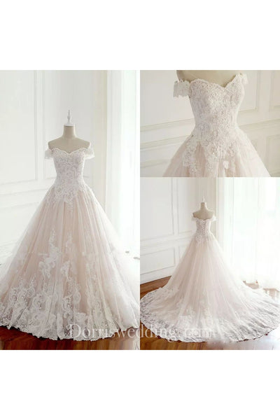 Off-the-shoulder A-line Floor-length Chapel Train Sleeveless Lace Tulle Wedding Dress with Lace-up Back