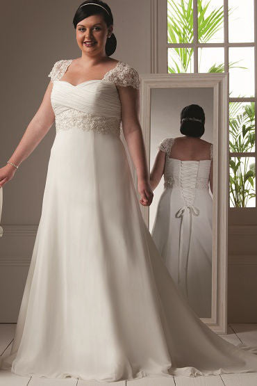 Beading Cap Sleeve A-Line Organza Bridal Gown With Lace Up