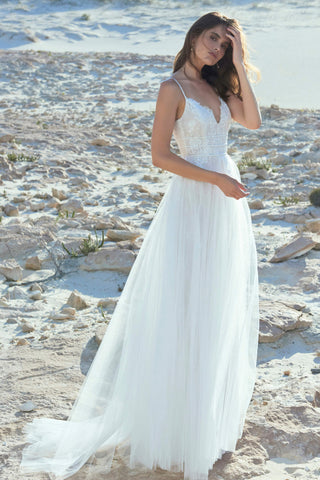 Tulle Spaghetti Plunging Sexy Wedding Dress With Lace Top And Open Back With Straps