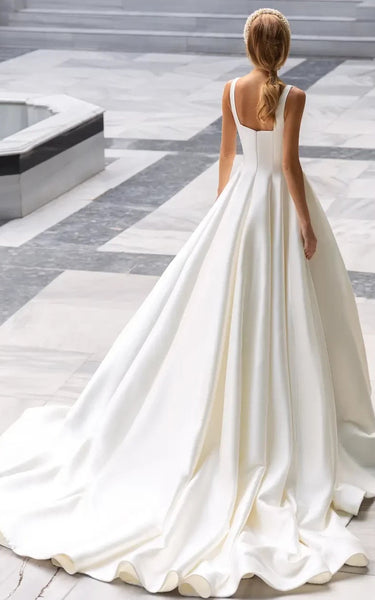 Elegant A Line Square Neck Satin Court Train Wedding Dress