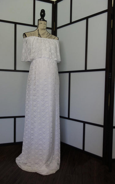 White Flutter Top Pregnant A-Line Vintage Lace Gown