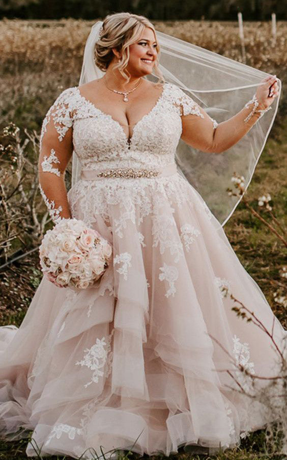 Romantic Plus Size Brush Train Long Sleeve Lace A Line Wedding Dress w – DorrisDress