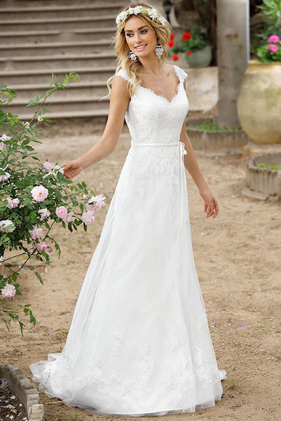 A-Line V-Neck Cap-Sleeve Lace Wedding Dress With Illusion