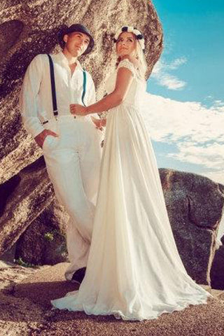 Off-The-Shoulder Lace Beach Chiffon Split Front Wedding Dress With Lace