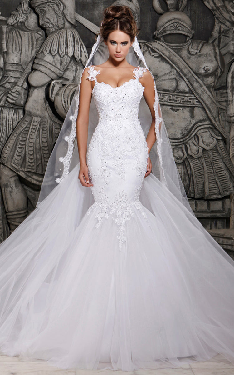 Magnificent Tulle Mermaid Lace Wedding Dress With Train-700518