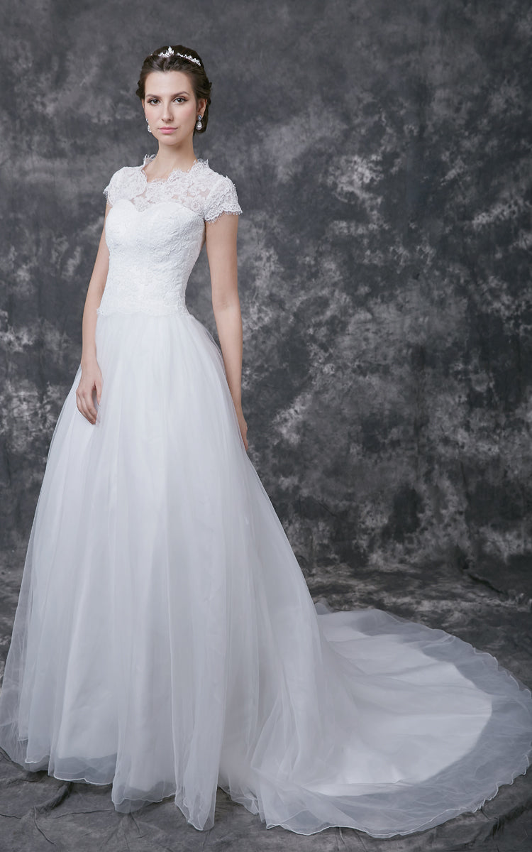 Fabulous Cap-sleeved Lace and Tulle Gown With Scooped Neckline-700995
