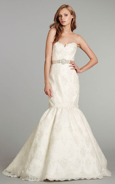 Alluring Strapless Embroidered Lace Dress With Crystal Beaded Belt