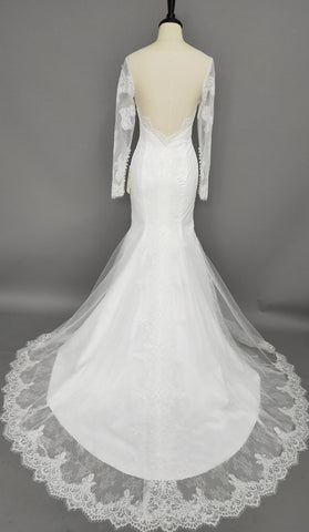 Off Shoulder Long-sleeved Sweetheart Backless Court Train Lace Dress-Z704006