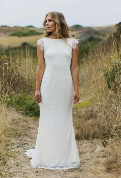 Vintage Country Boho Sheath Cap Sleeve Wedding Dress Elegant Simple Modest Bateau Neck Bridal Gown